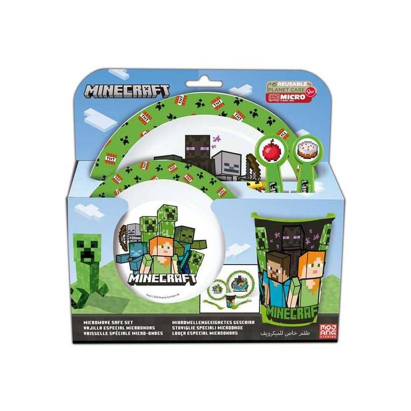 set de plato cuenco vaso cuchara y tenedor minecraft apto para microondas