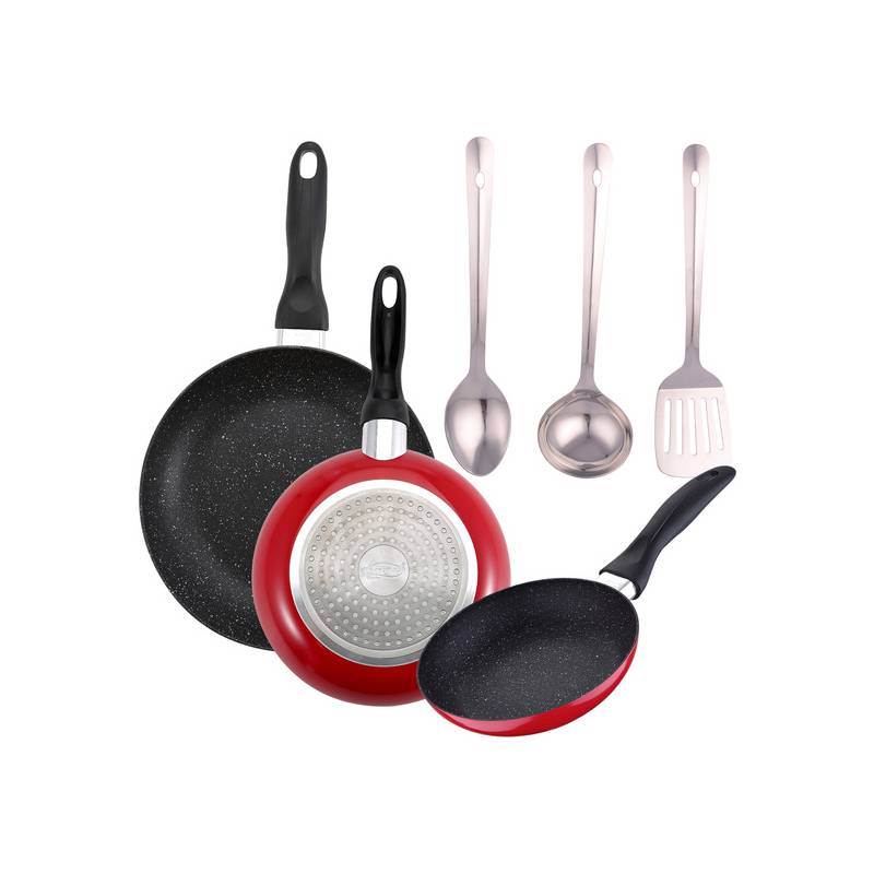 PACK DE 3 SARTENES Ø20/24 y 28 cms + SET DE 3PC DE UTENSILIOS DE COCINA EN  SILCONA Y MADERA